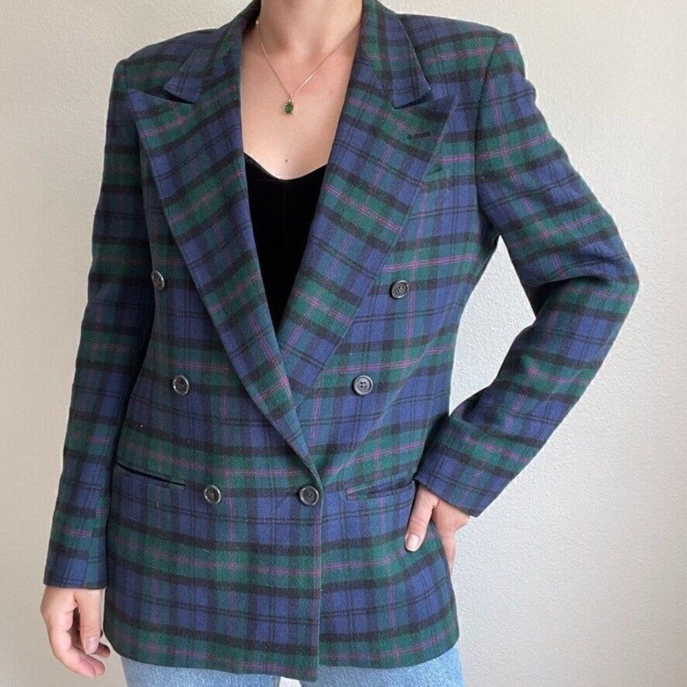 Vintage Womens 80s PBM Purple Green Camel Hair Double Breasted Blazer Plaid Sz M